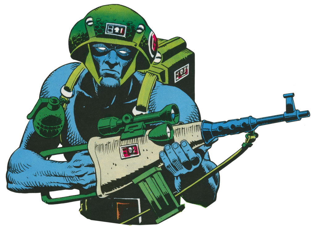 Rogue Trooper with backpack and gun
